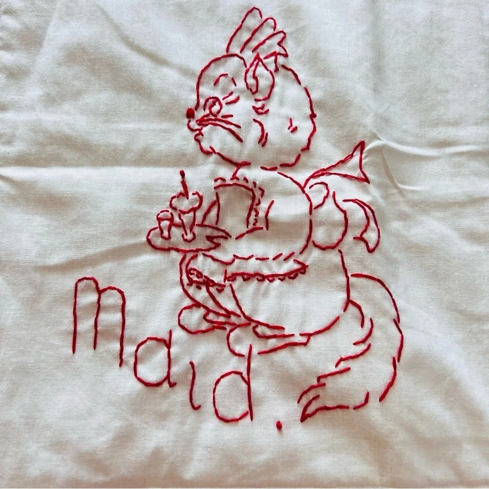 Hand-Embroidered Redwork Quilt – “Career Cats” Theme – 6 Panels